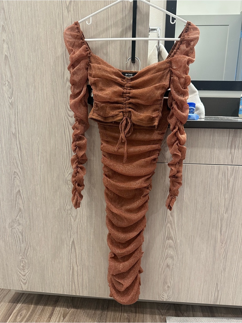 privy Rust Ruched Long-Sleeve Bodycon Midi Dress